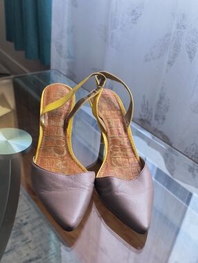 Sam Edelman Brown Pointed Slingback Flats with Yellow Trim